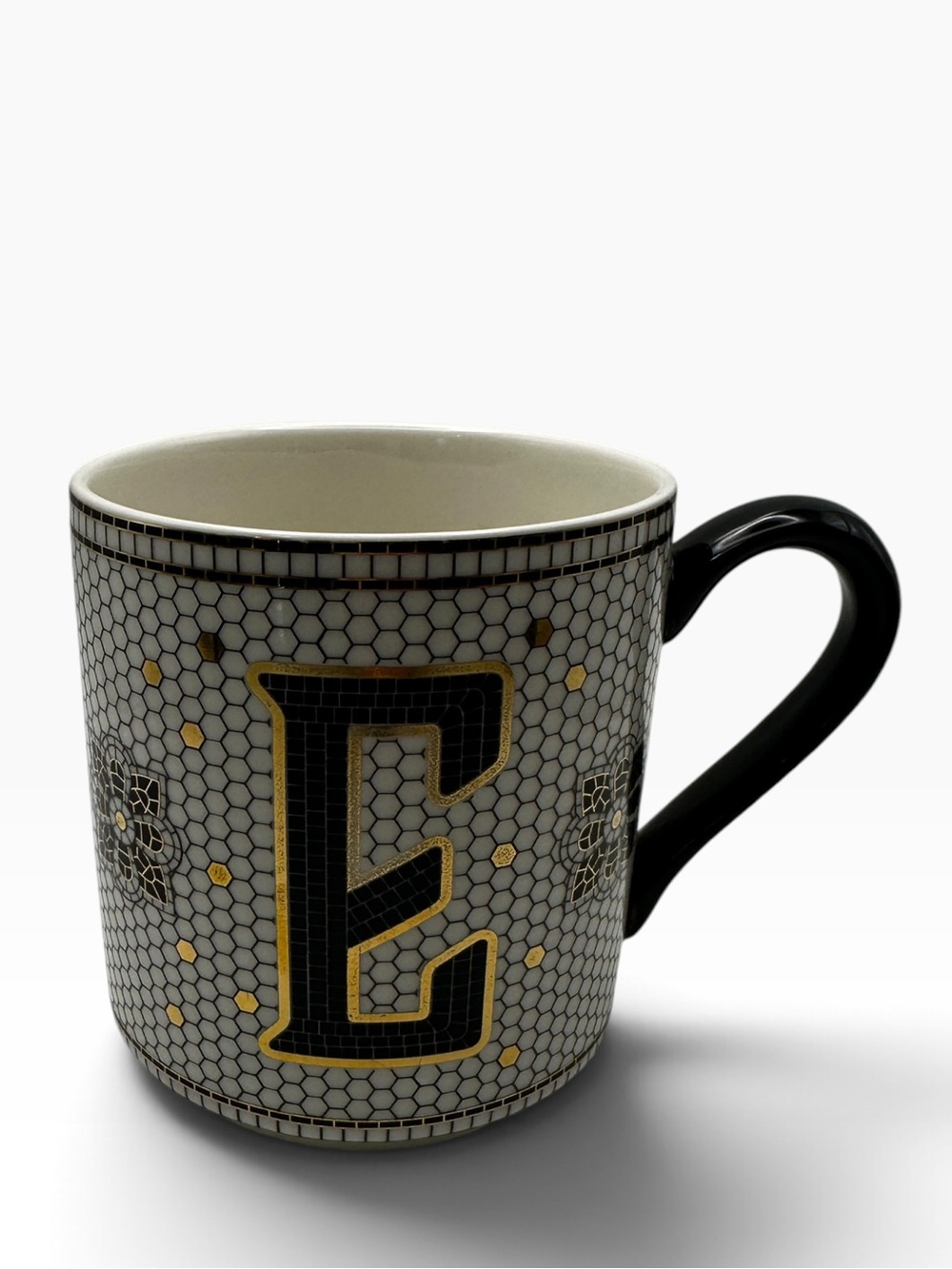 Anthropologie Monogram E Mug Black Gold Honeycomb Tile Ceramic Coffee Cup